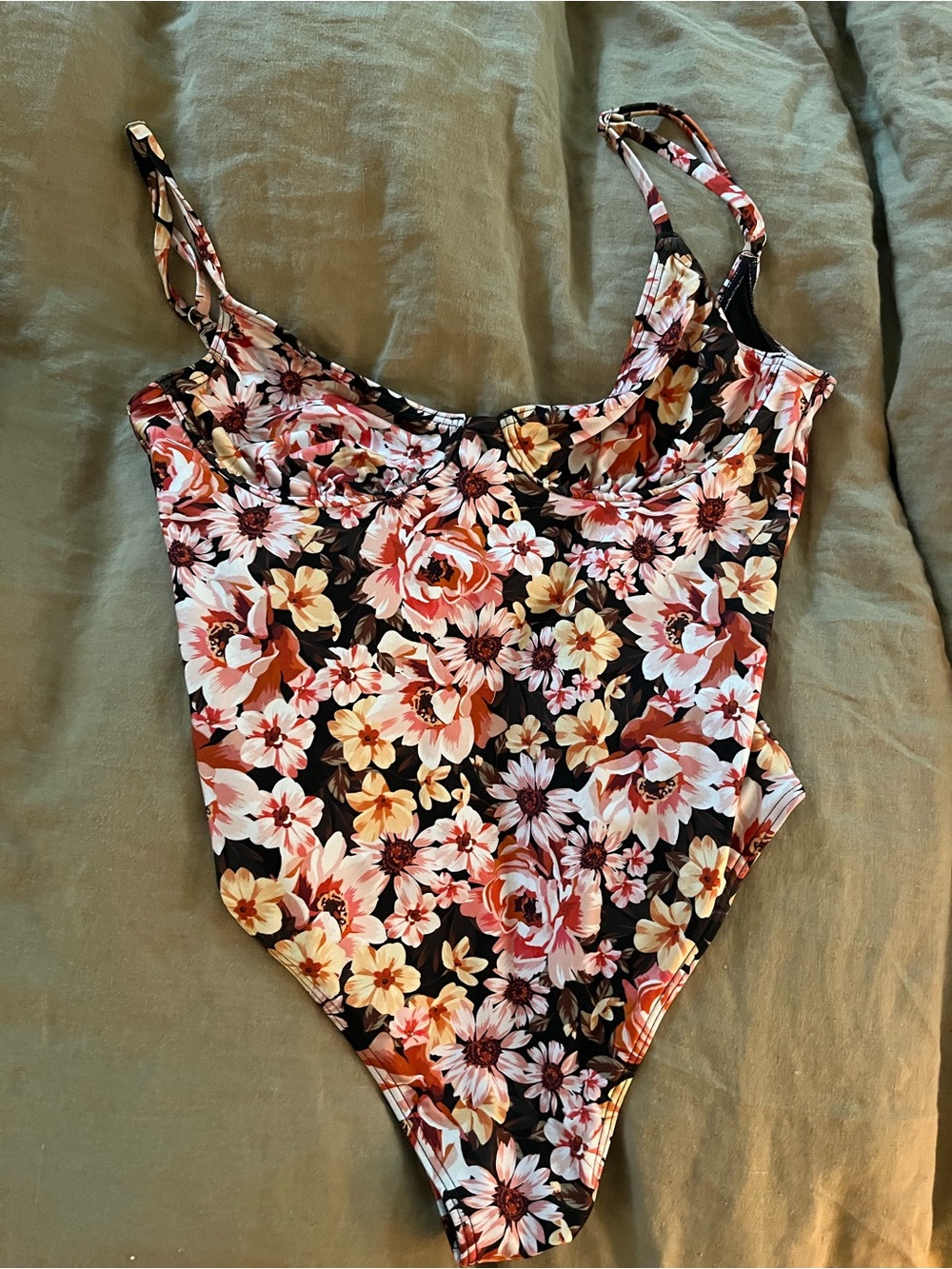 MINKPINK Floral One-Piece Swimsuit in Black with Pink & Peach Blooms